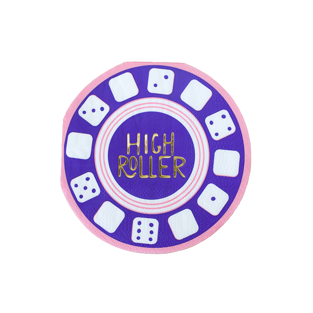 Purple and pink casino chip napkin with gold “High Roller” text, available in Toronto and shipping across Canada.