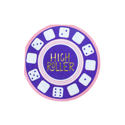 Purple and pink casino chip napkin with gold “High Roller” text, available in Toronto and shipping across Canada.