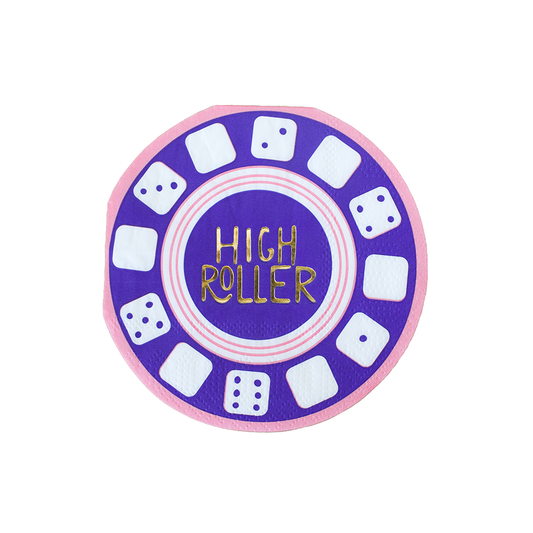 Purple and pink casino chip napkin with gold “High Roller” text, available in Toronto and shipping across Canada.