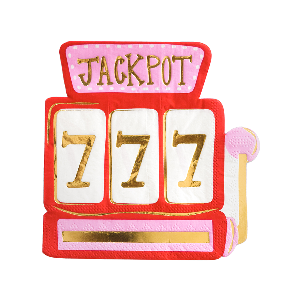 Jackpot napkins shaped like slot machines with red, pink, and gold 777 design, available in Toronto and shipping across Canada.