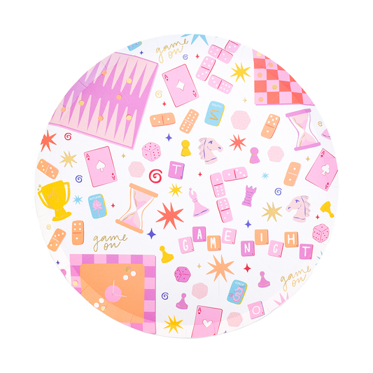 Game Night dinner plate with playful board-game icons in pink, orange, and yellow tones, available in Toronto and shipping across Canada.
