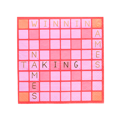 Game Night napkin with pink and red grid design and gold “Winning Games Taking Names” lettering, available in Toronto and shipping across Canada.