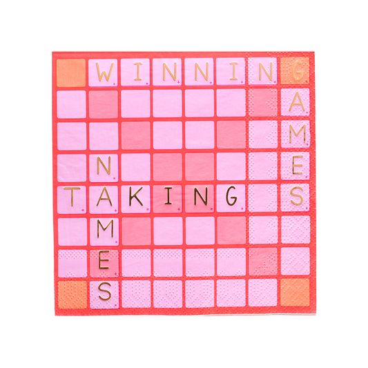 Game Night napkin with pink and red grid design and gold “Winning Games Taking Names” lettering, available in Toronto and shipping across Canada.
