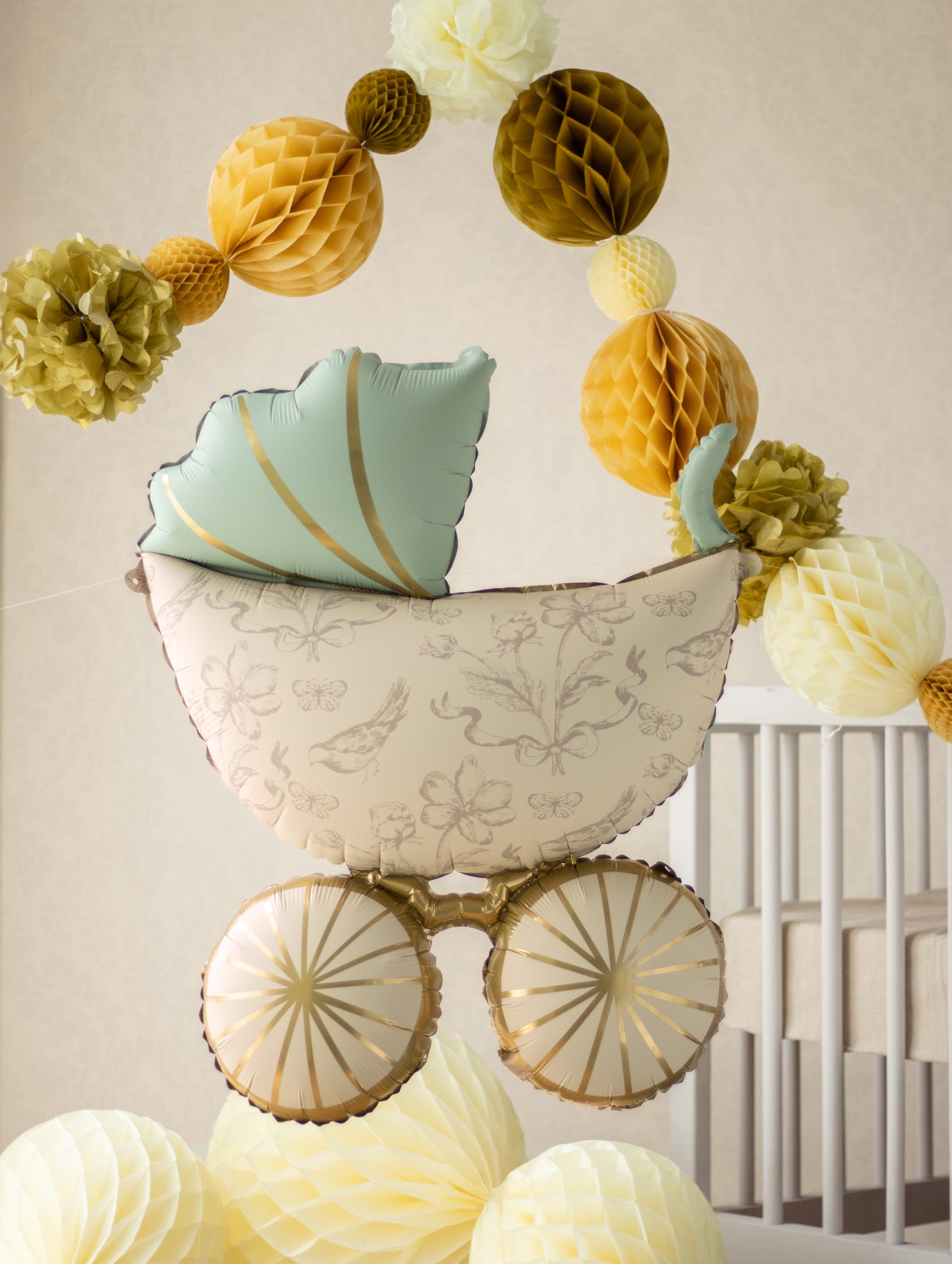 Baby Carriage foil balloon with vintage florals, perfect for baby showers and gender reveal parties in Toronto