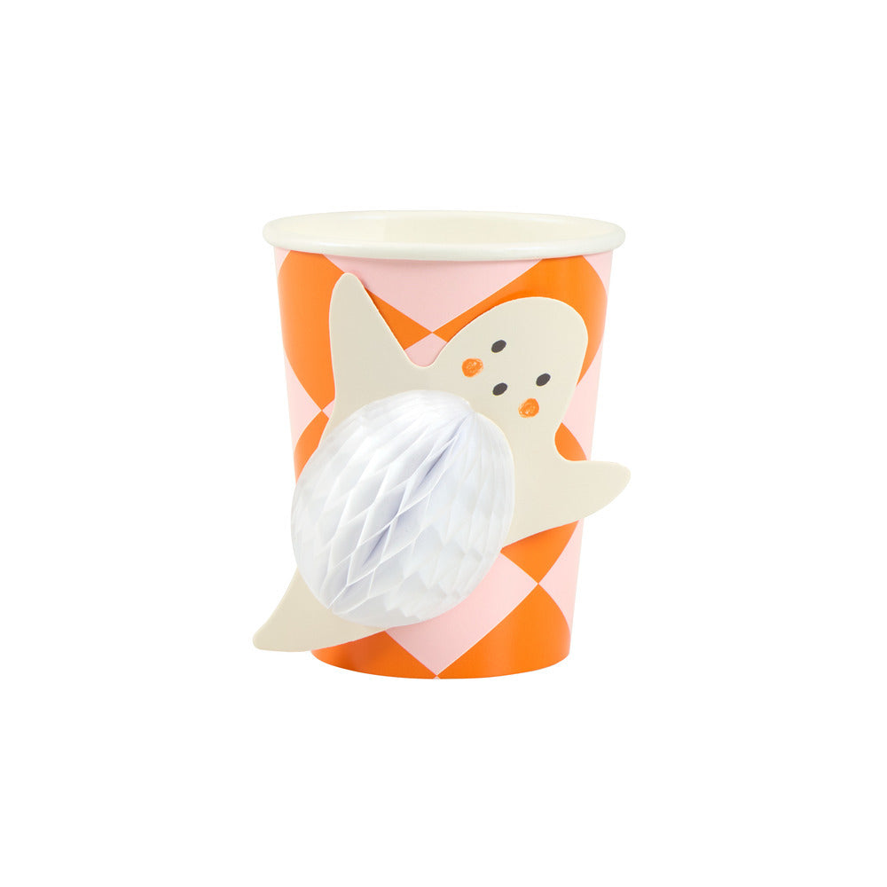 Pink and orange Halloween paper cup with ghost and white 3D honeycomb detail