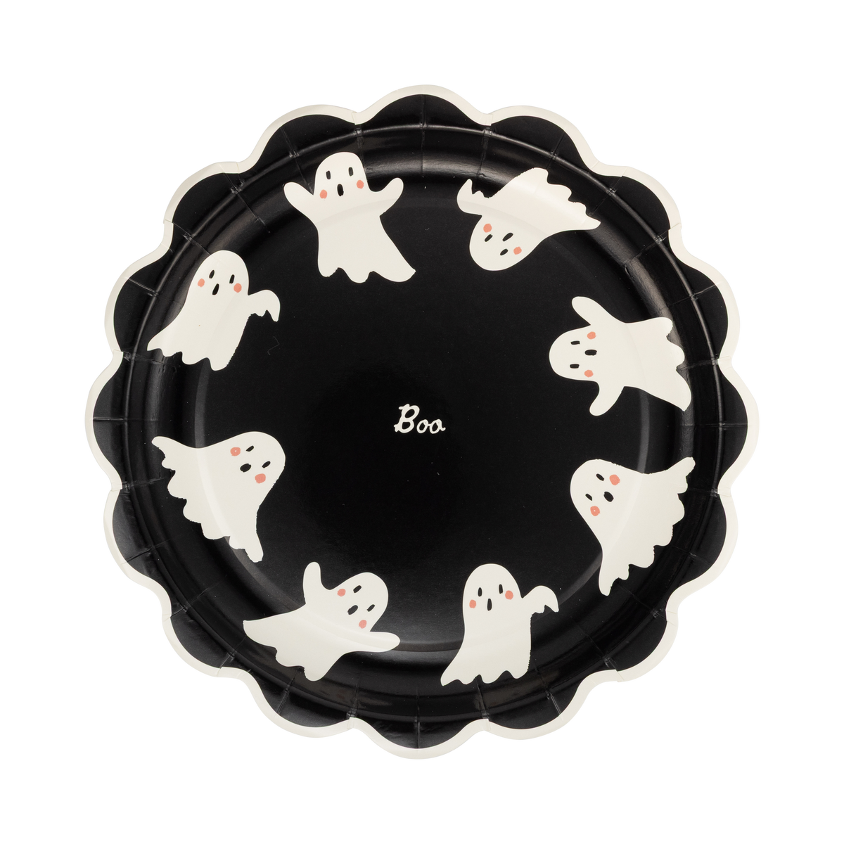 Black paper plate with white ghost illustrations and 'Boo' text on a white background