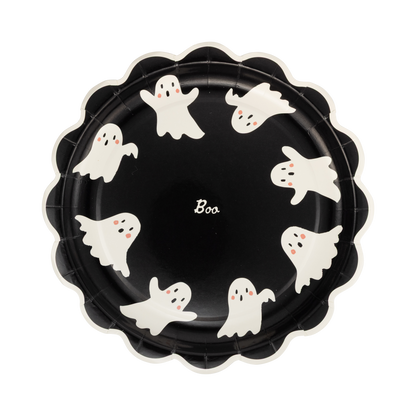 Black paper plate with white ghost illustrations and 'Boo' text on a white background
