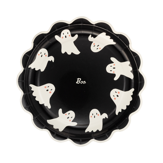 Black paper plate with white ghost illustrations and 'Boo' text on a white background