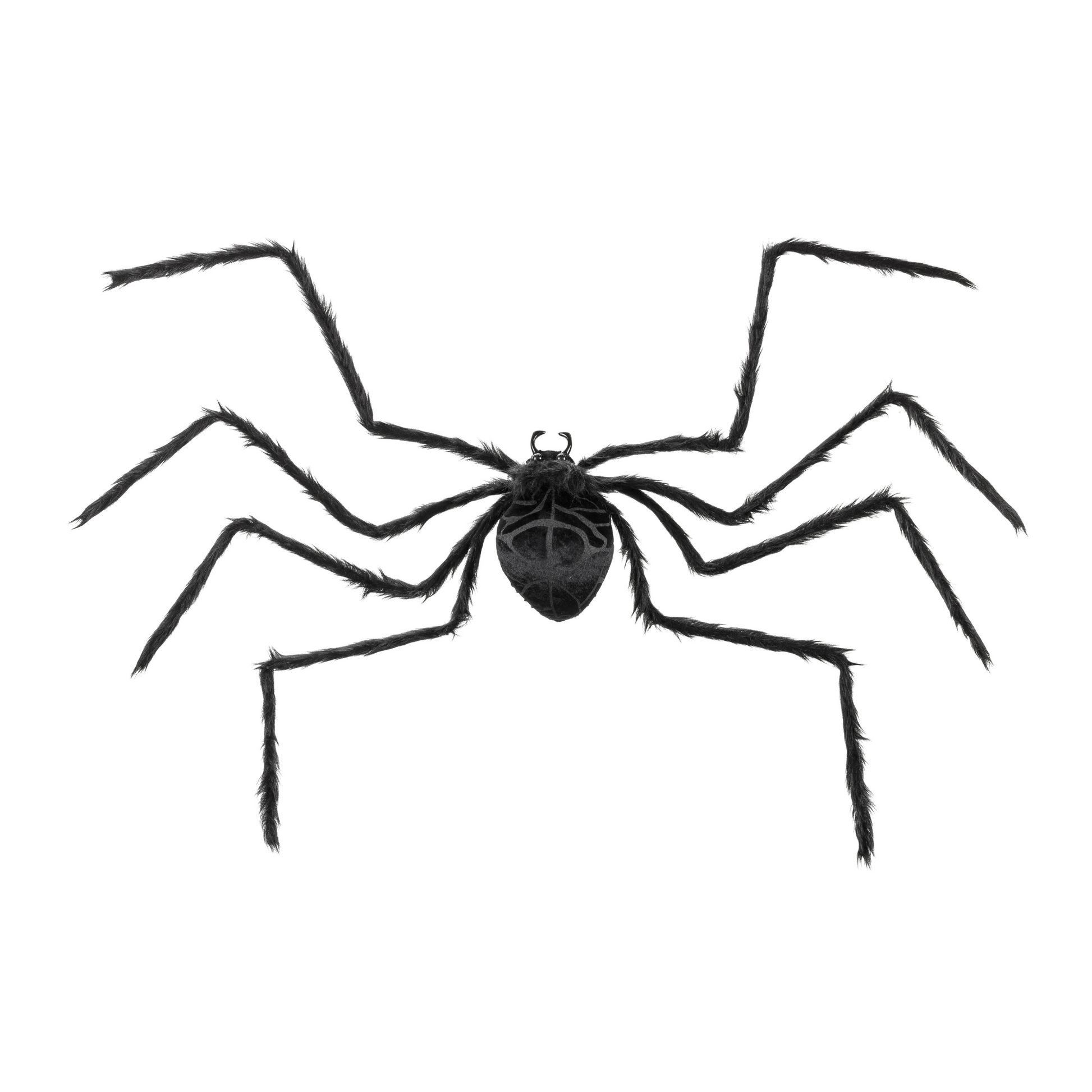 Giant black spider decoration with fuzzy body and long bendable legs, approx. 40 inches wide, perfect for Halloween displays in Toronto.