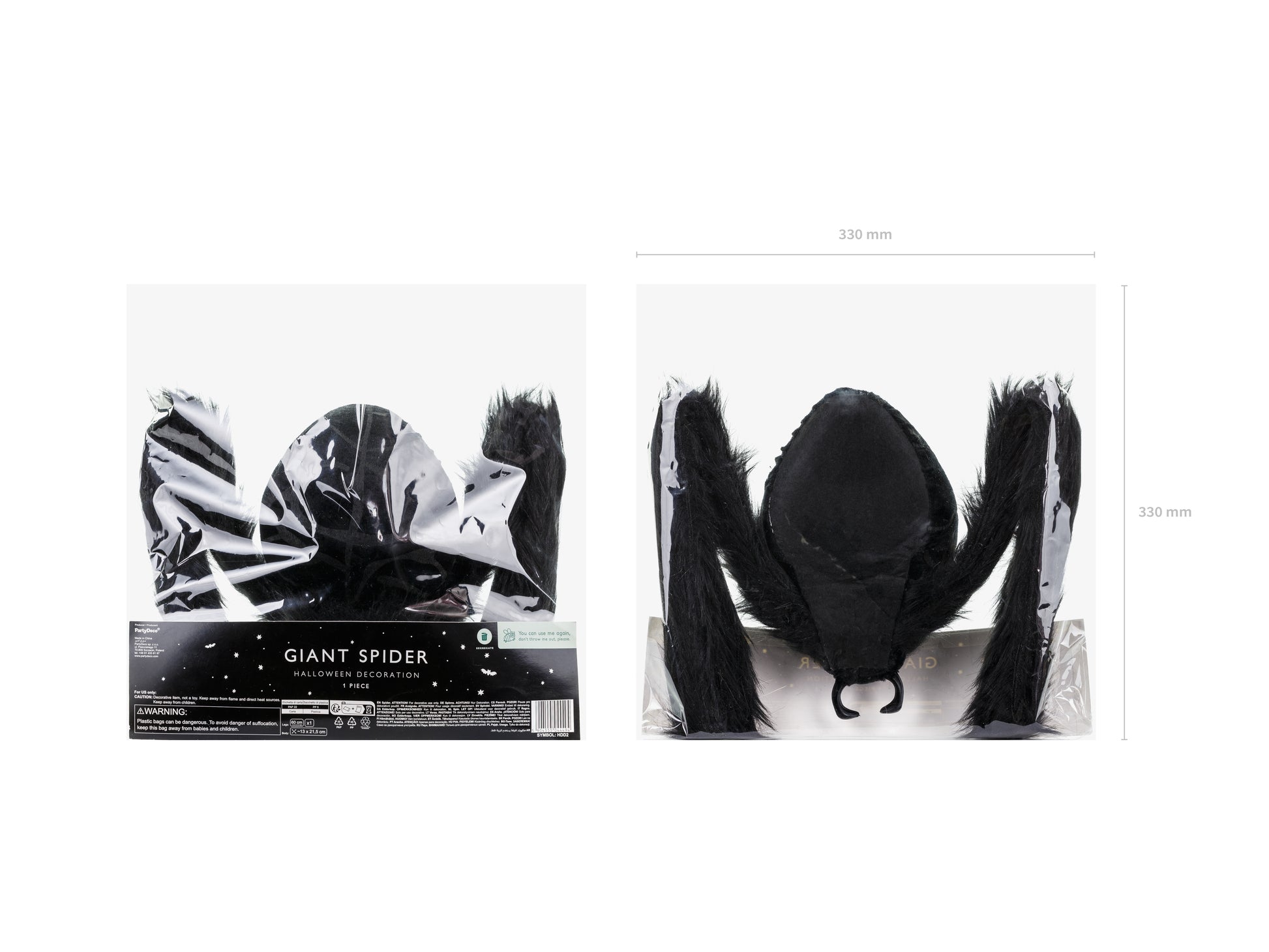 Packaging of giant black spider Halloween decoration with furry body and bendable legs, approx. 40 inches wide.