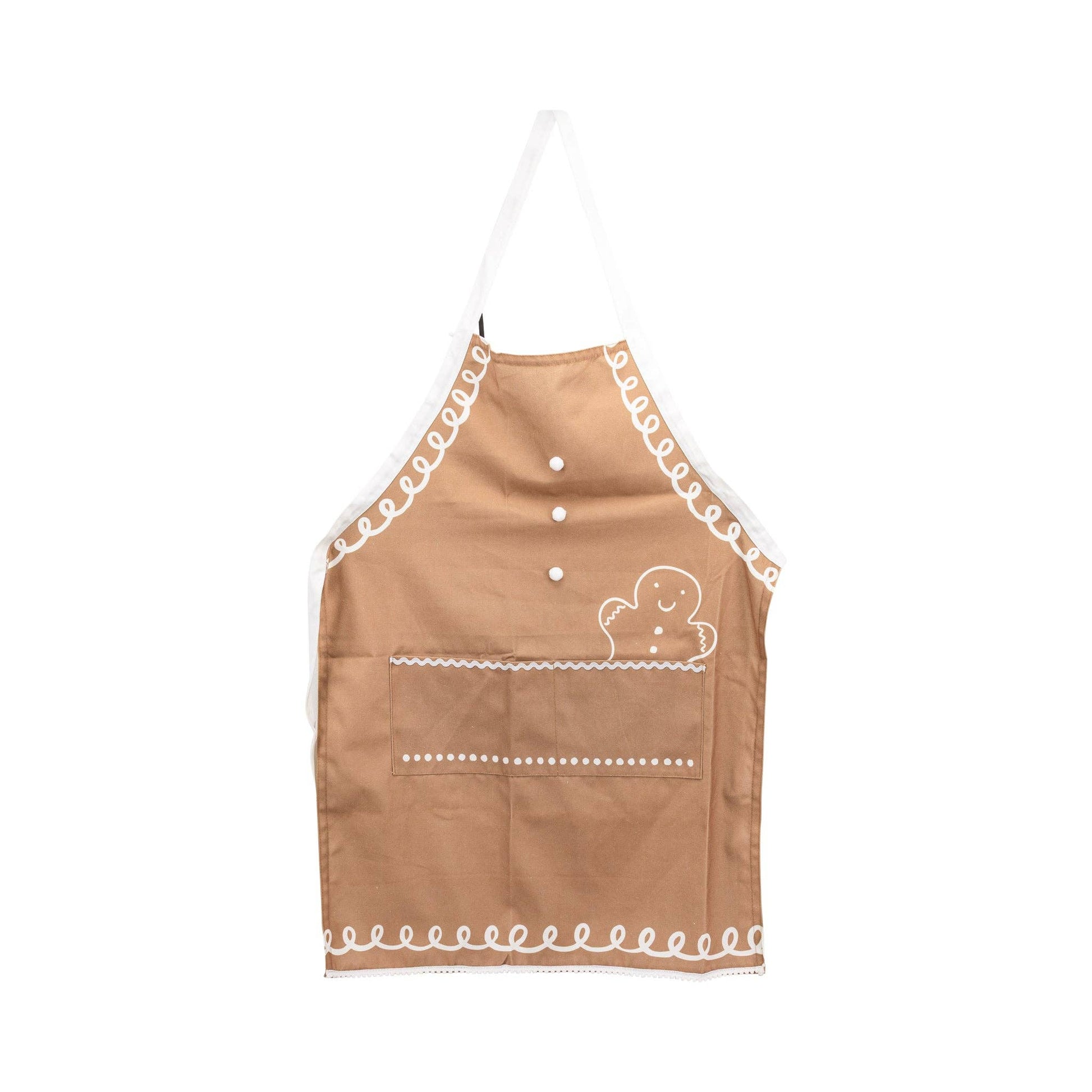 Adult gingerbread print apron with festive trim, perfect for holiday baking in Toronto.