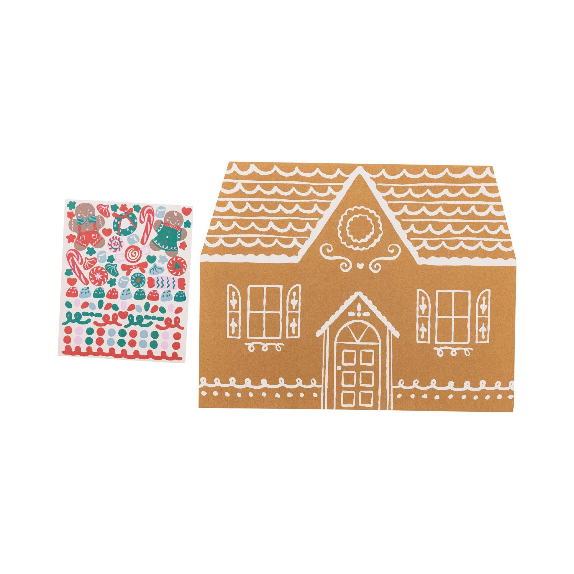 gingerbread design placemats with stickers. includes 12 placemats to keep kids entertained during the holiday parties.