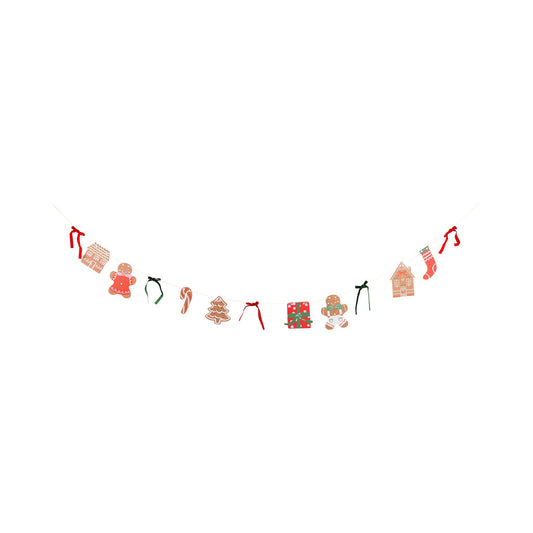 Gingerbread banner with festive icons including gingerbread men, candy canes, houses, and Christmas trees, perfect for holiday party decoration.