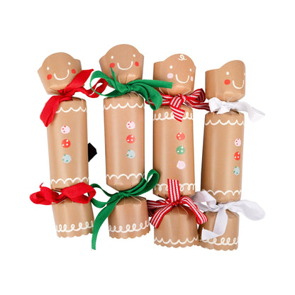 Pack of 12 Christmas cracker decorations shaped like gingerbread men with colourful ribbons. Sold in Toronto and ships Canada wide.