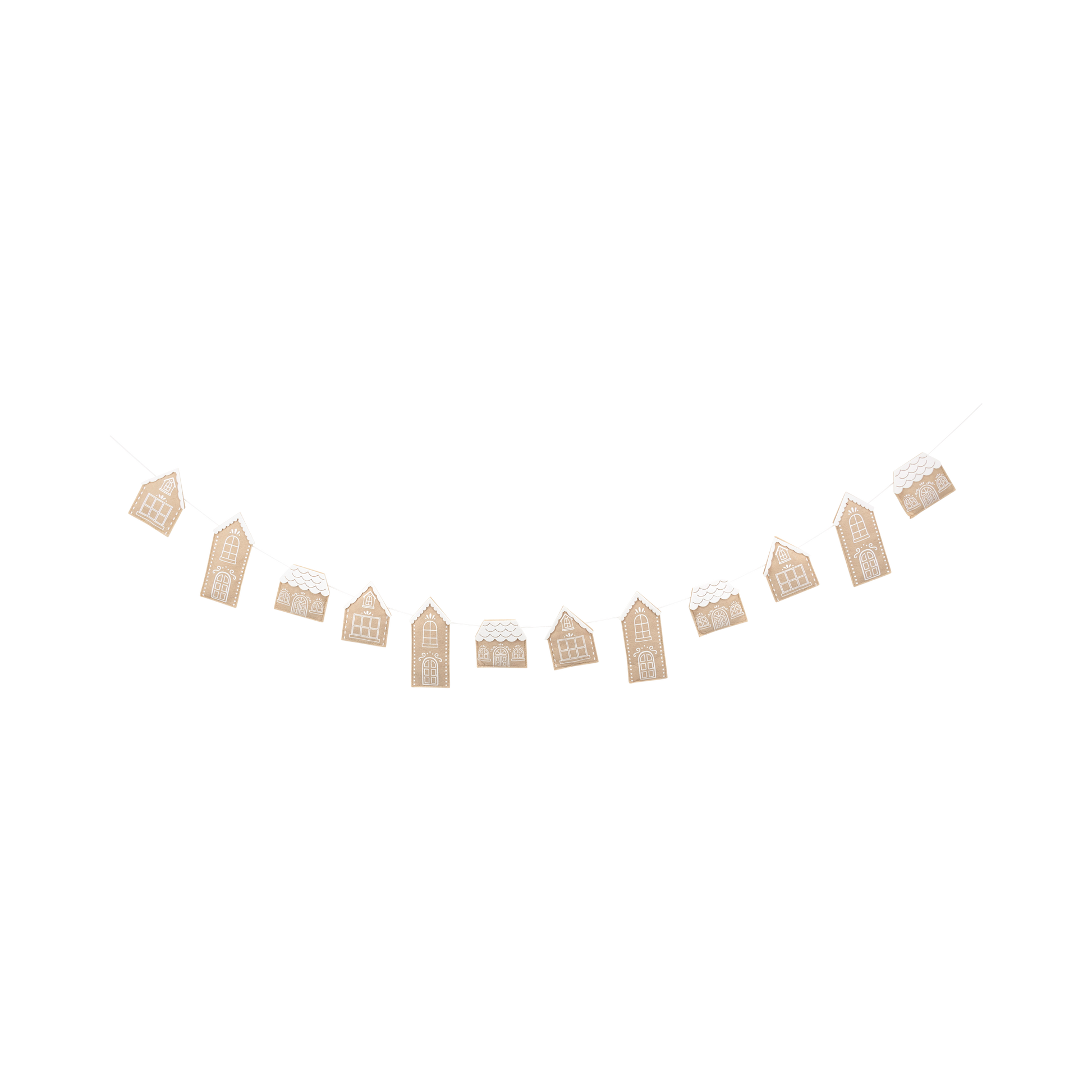 Felt banner featuring gingerbread houses in festive brown and white tones, perfect for Christmas decor in Toronto.