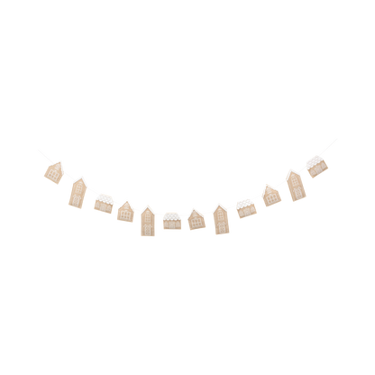 Felt banner featuring gingerbread houses in festive brown and white tones, perfect for Christmas decor in Toronto.