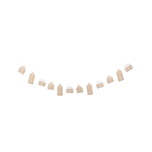 Felt banner featuring gingerbread houses in festive brown and white tones, perfect for Christmas decor in Toronto.