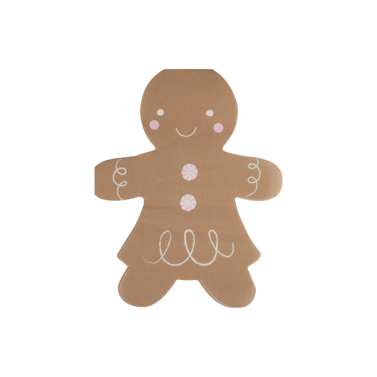 Gingerbread girl paper napkin with pink cheeks and candy details, perfect for Christmas parties. Sold in Toronto at Confetti My Party.
