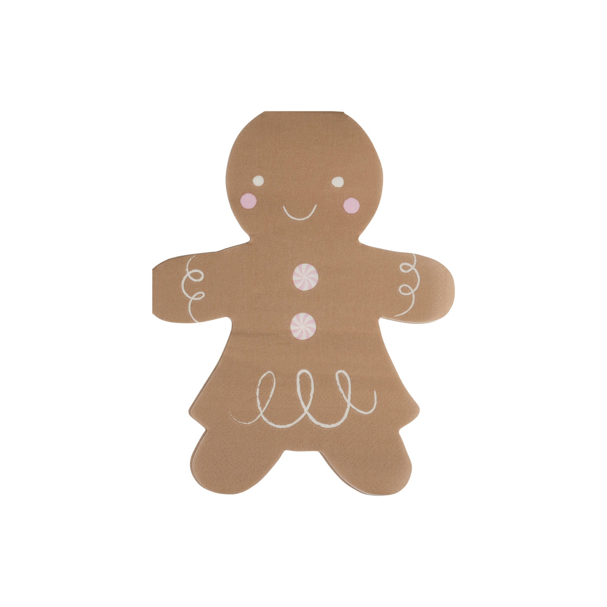 Gingerbread girl paper napkin with pink cheeks and candy details, perfect for Christmas parties. Sold in Toronto at Confetti My Party.