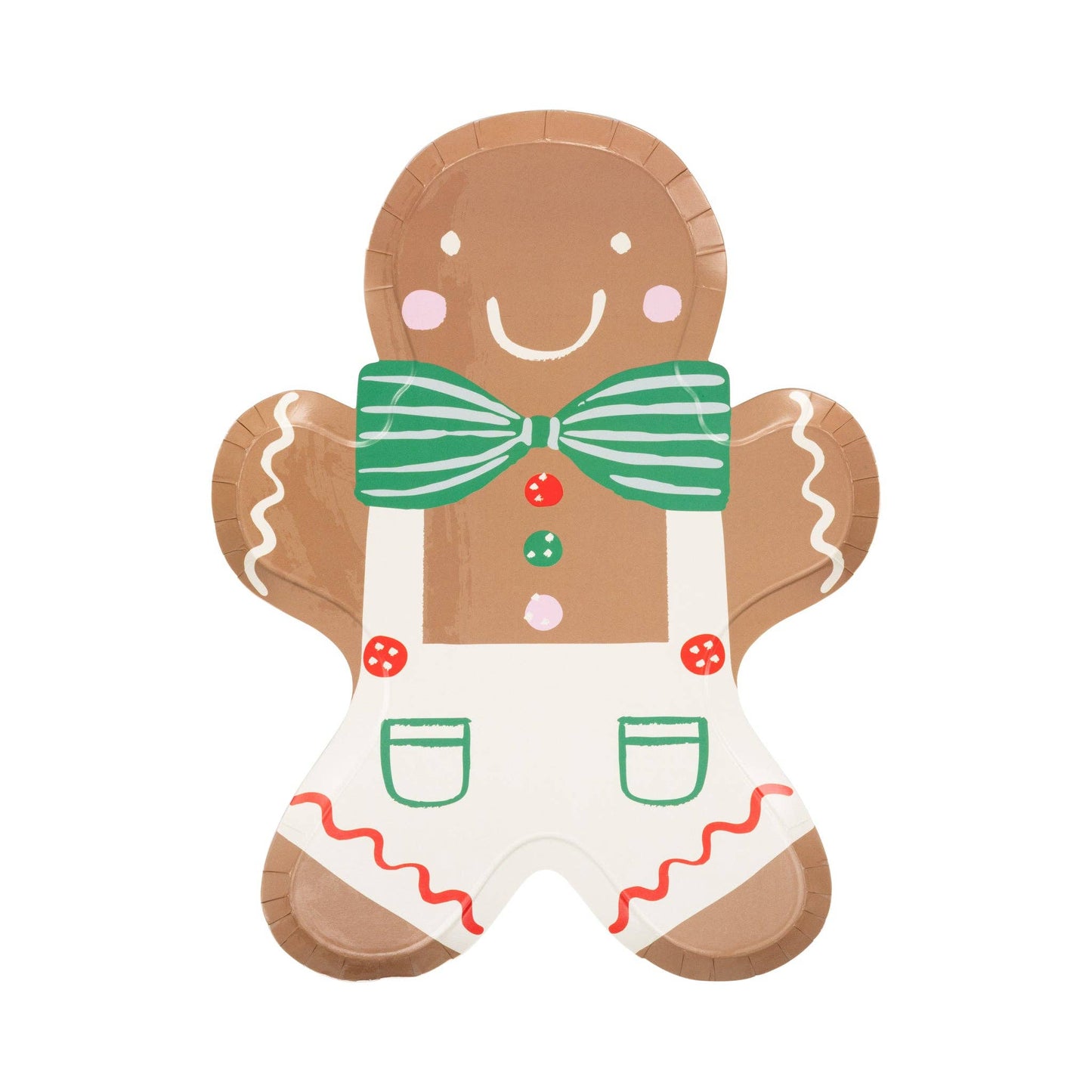 Gingerbread man paper plate with a green bow tie on a white background