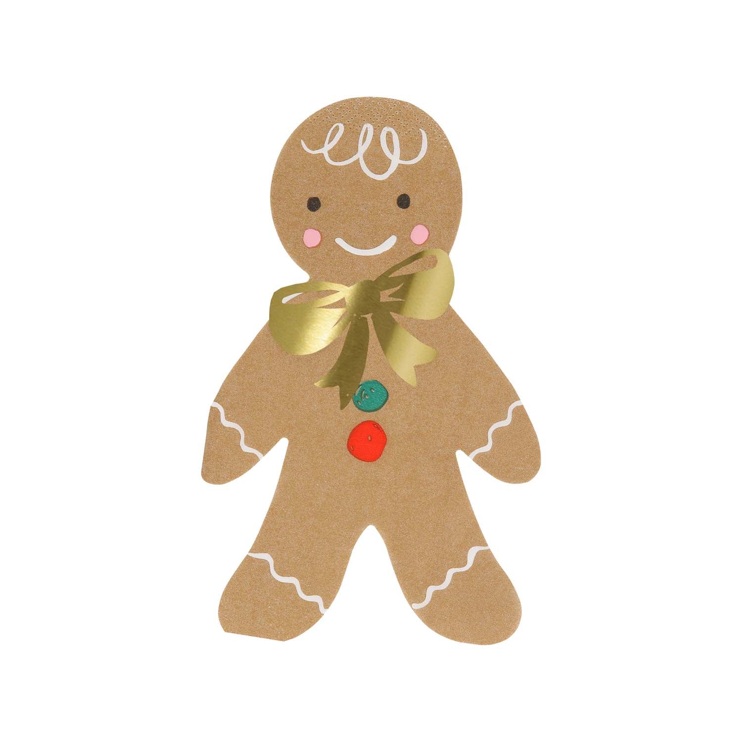 Gingerbread man napkin with a gold bow on a white background