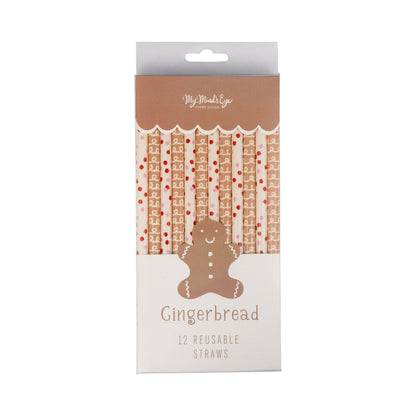 Gingerbread reusable straws set of 12 in festive red and brown patterns, available at Toronto party shop Confetti My Party.
