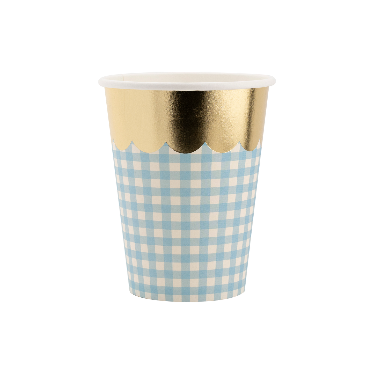 blue gingham cup with scalloped gold edge