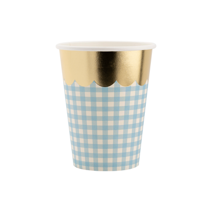 blue gingham cup with scalloped gold edge
