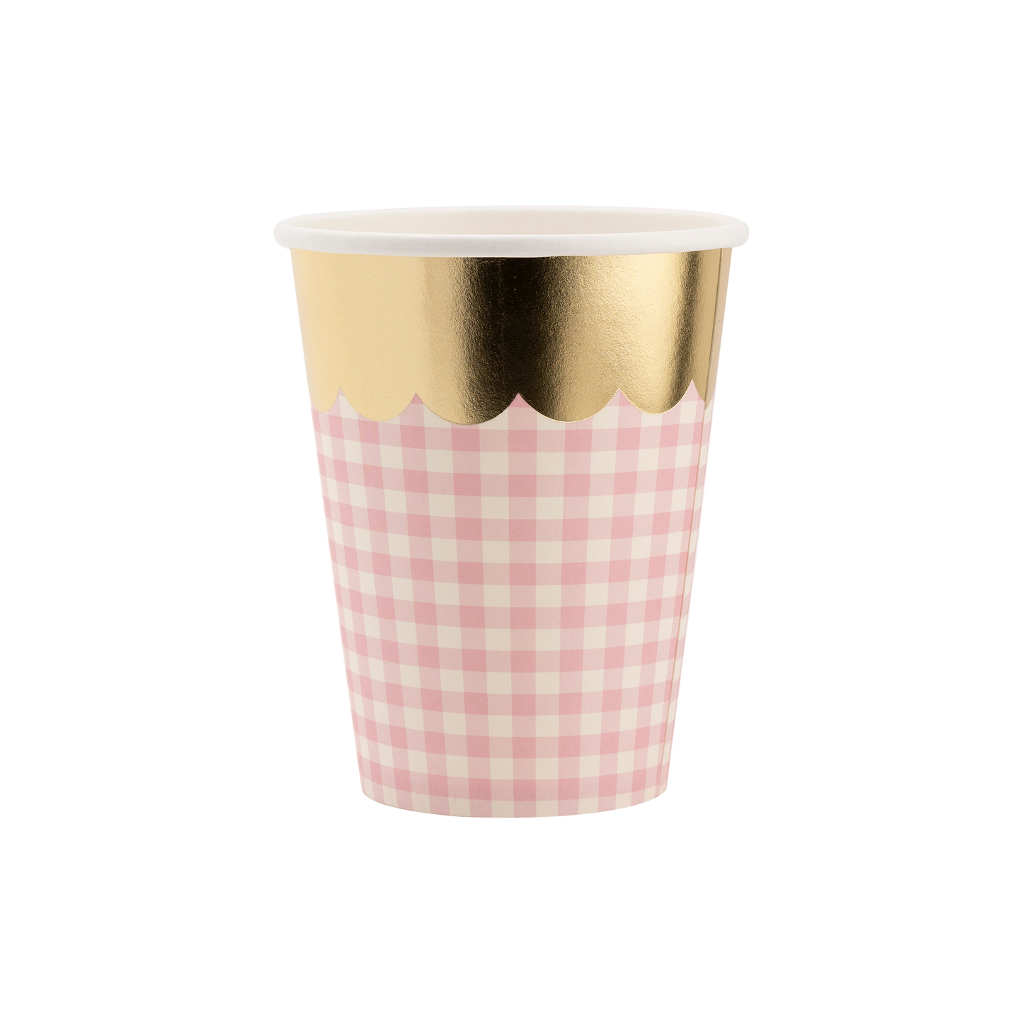 pink gingham cups with gold scalloped edge 