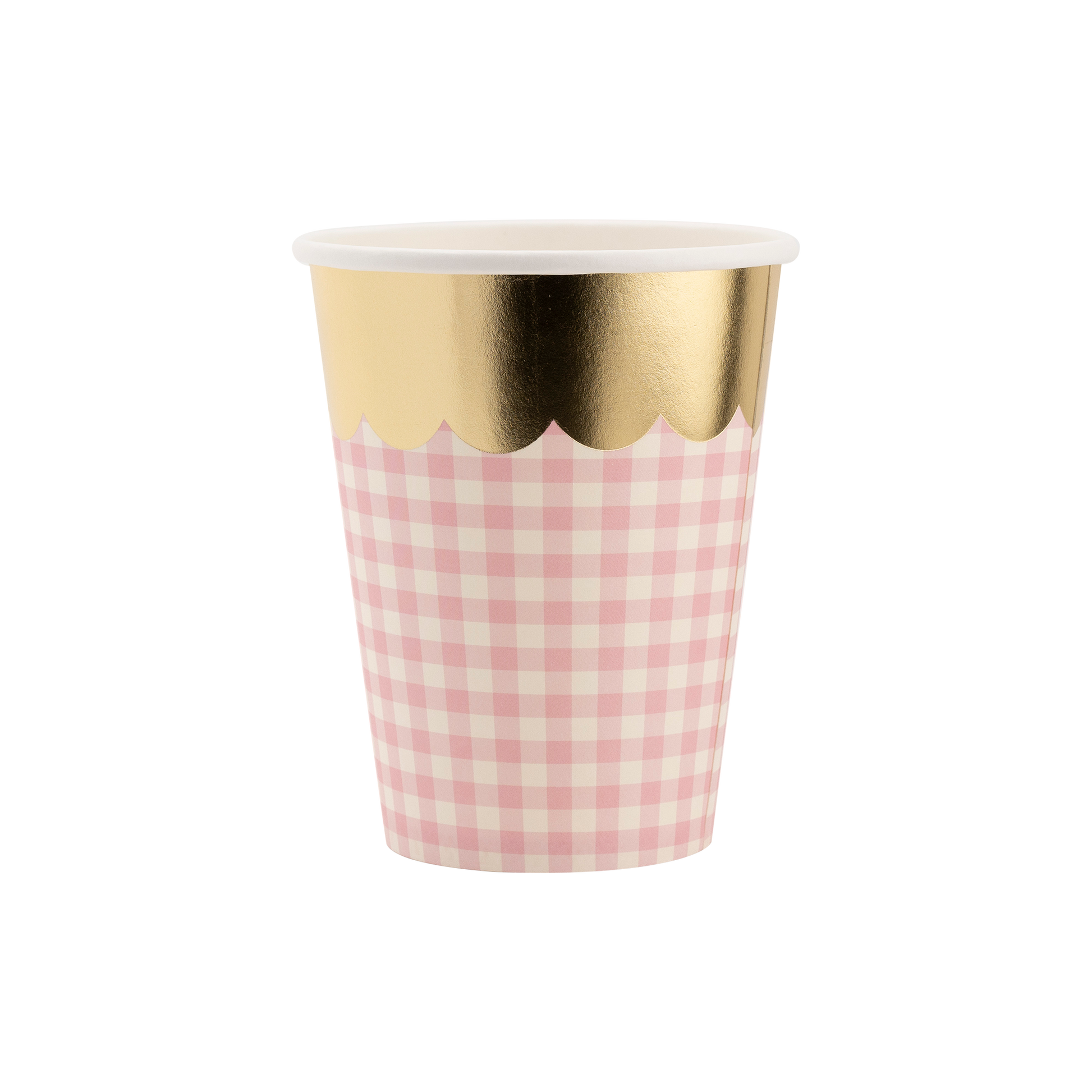pink gingham cups with gold scalloped edge 