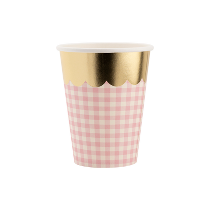 pink gingham cups with gold scalloped edge 
