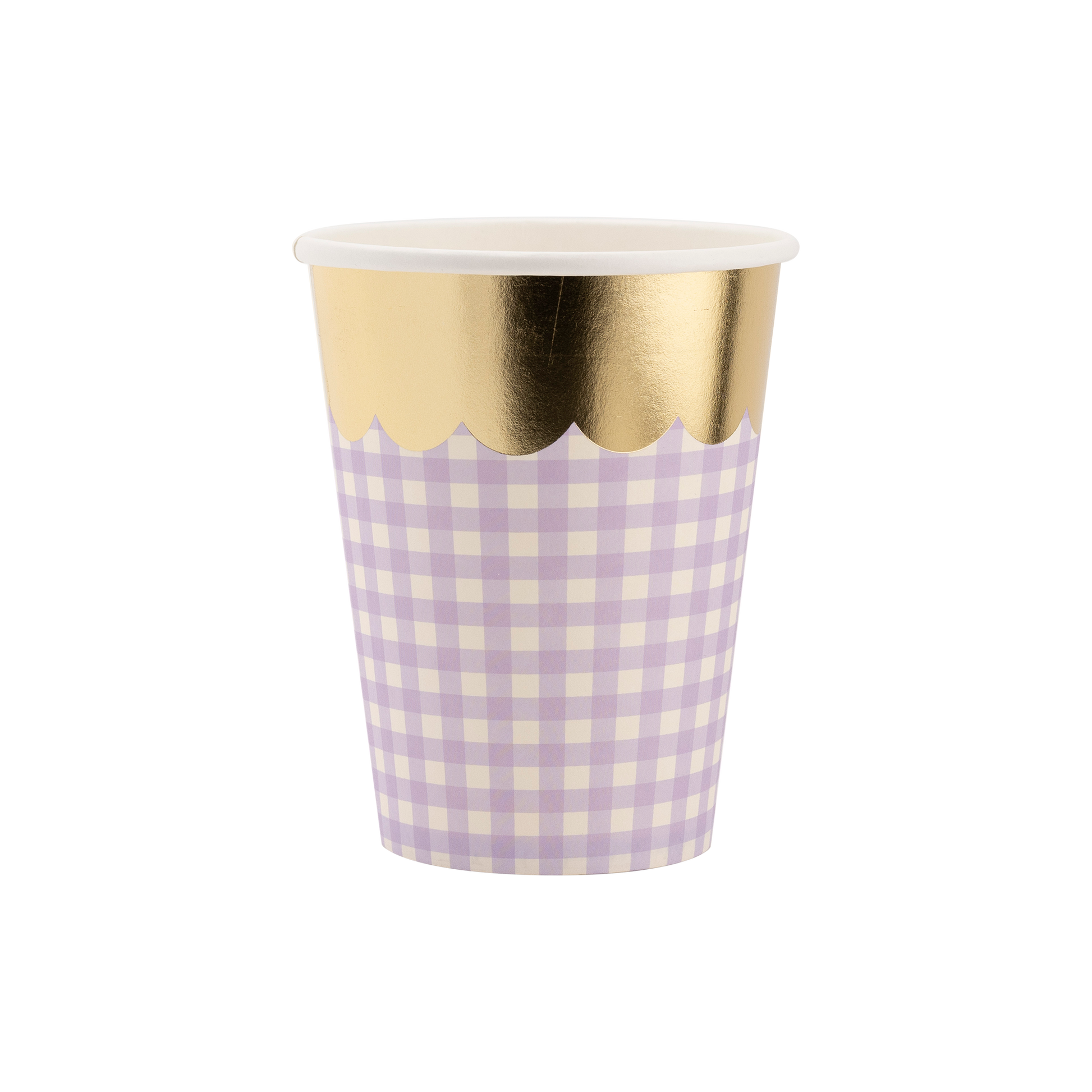 purple gingham cups with gold scalloped edge 