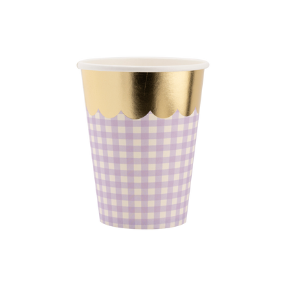 purple gingham cups with gold scalloped edge 