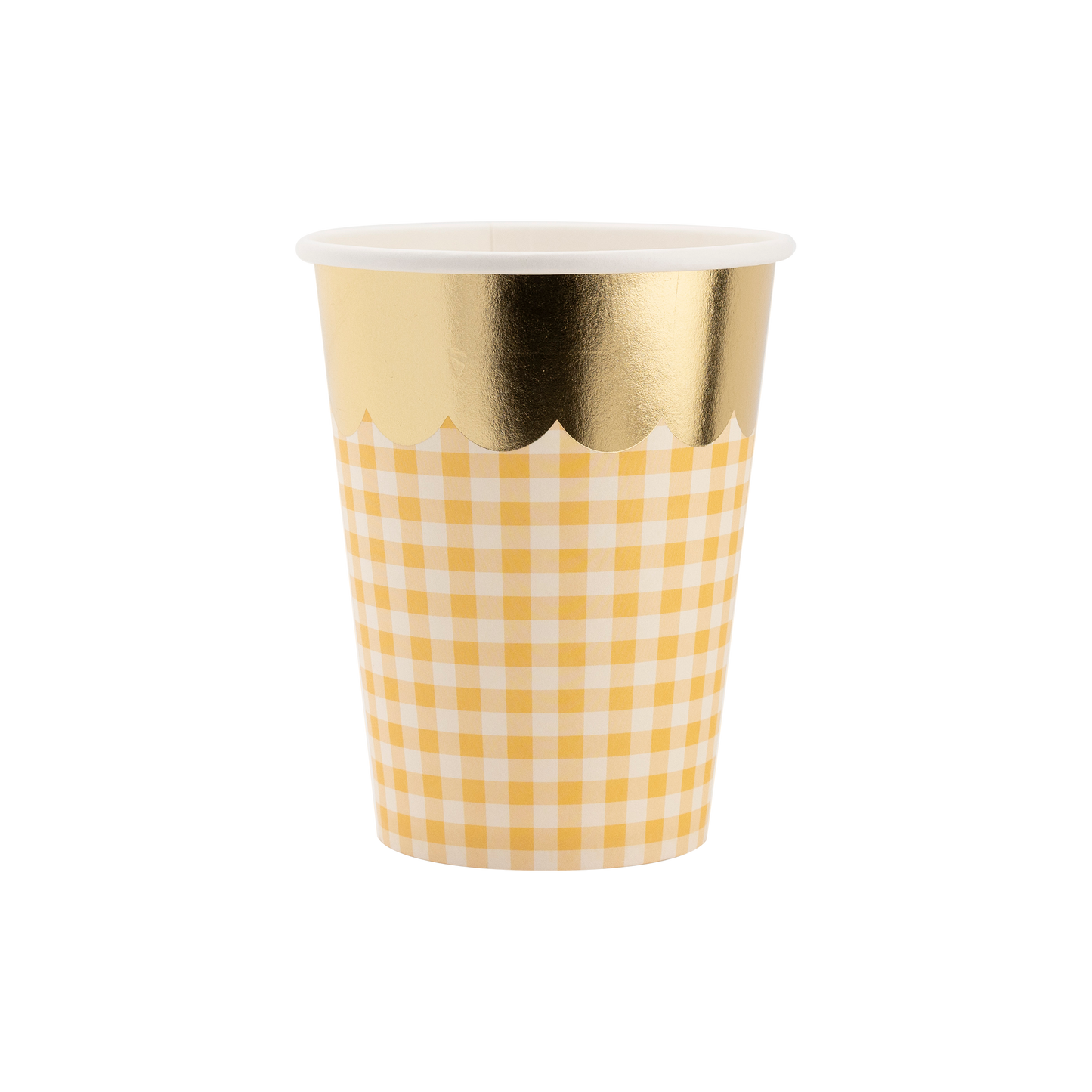 yellow gingham cups with gold scalloped edge 