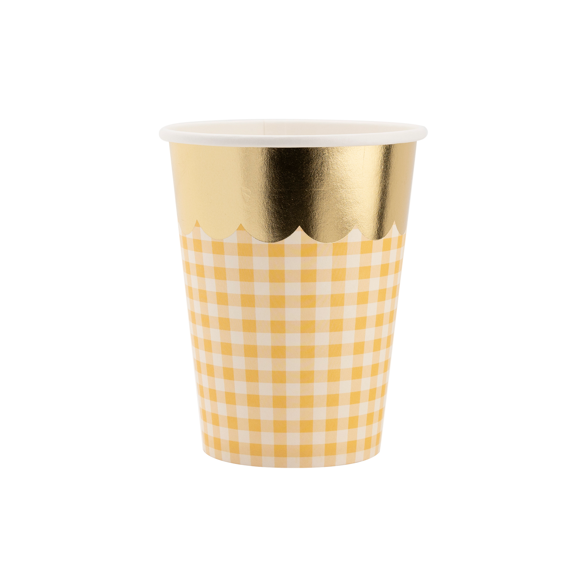 yellow gingham cups with gold scalloped edge 