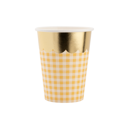 yellow gingham cups with gold scalloped edge 
