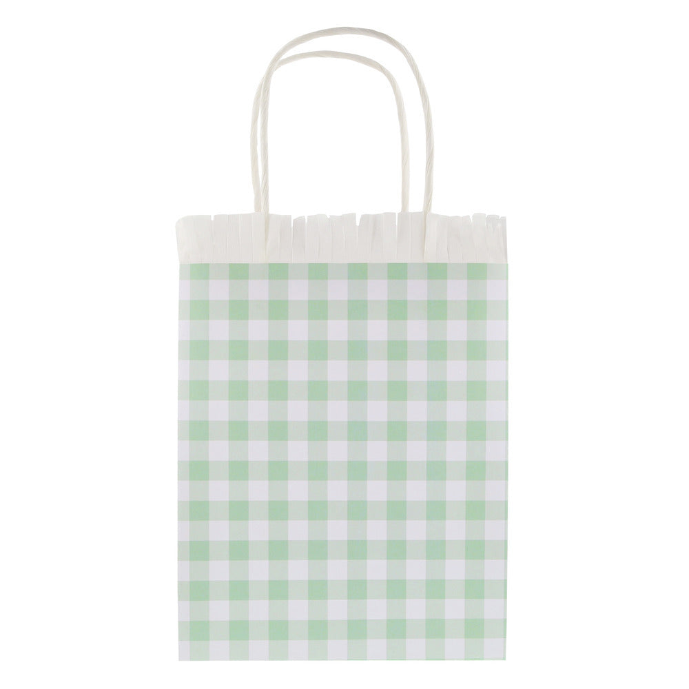 Green gingham Meri Meri party bag with white fringe trim and twisted handles, available at our Toronto party shop.