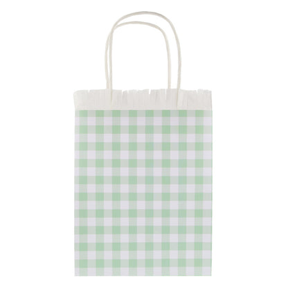 Green gingham Meri Meri party bag with white fringe trim and twisted handles, available at our Toronto party shop.