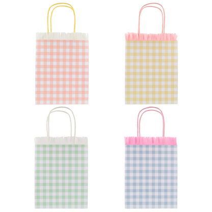 Meri Meri gingham fringe party bags in pastel colours with ruffle trim and twisted handles, available at our Toronto party shop.