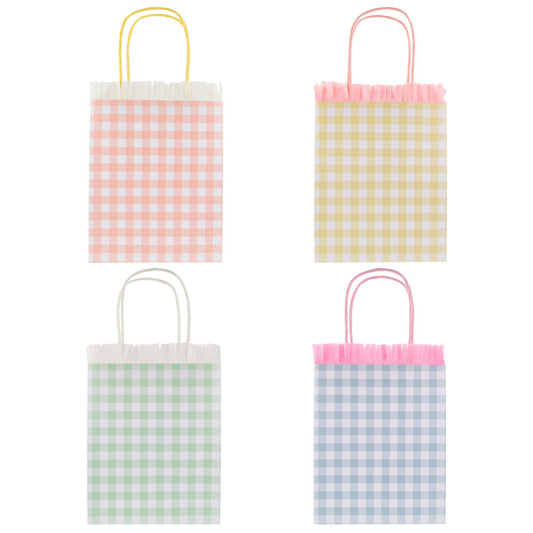 Meri Meri gingham fringe party bags in pastel colours with ruffle trim and twisted handles, available at our Toronto party shop.