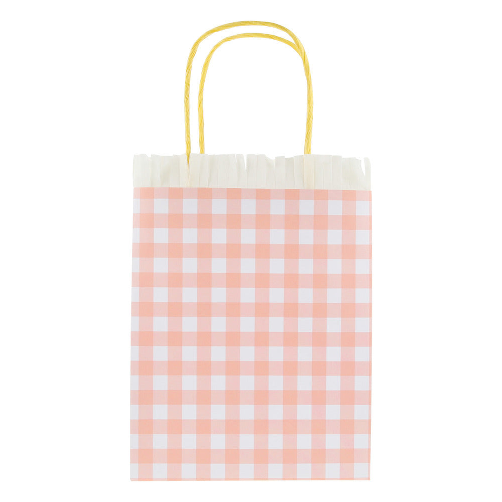 Peach gingham Meri Meri party bag with cream fringe trim and yellow handles, available at our Toronto party shop.