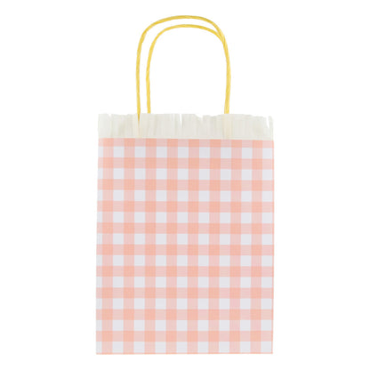 Peach gingham Meri Meri party bag with cream fringe trim and yellow handles, available at our Toronto party shop.