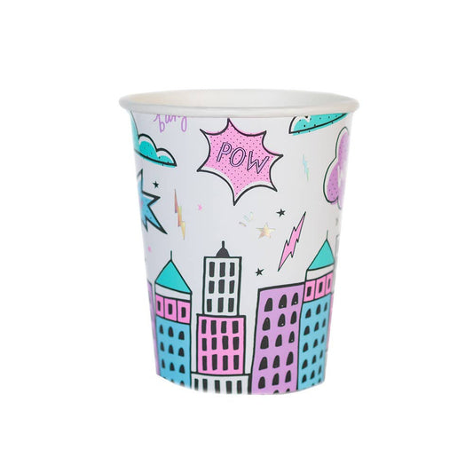 Girl power superhero paper cup with pink, purple and blue comic book city graphics.