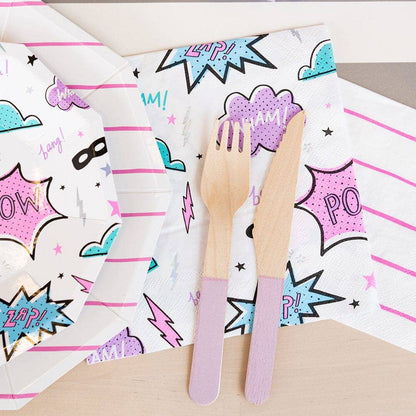 Pink and purple Superhero themed party supplies including napkin, plate and cutlery. 