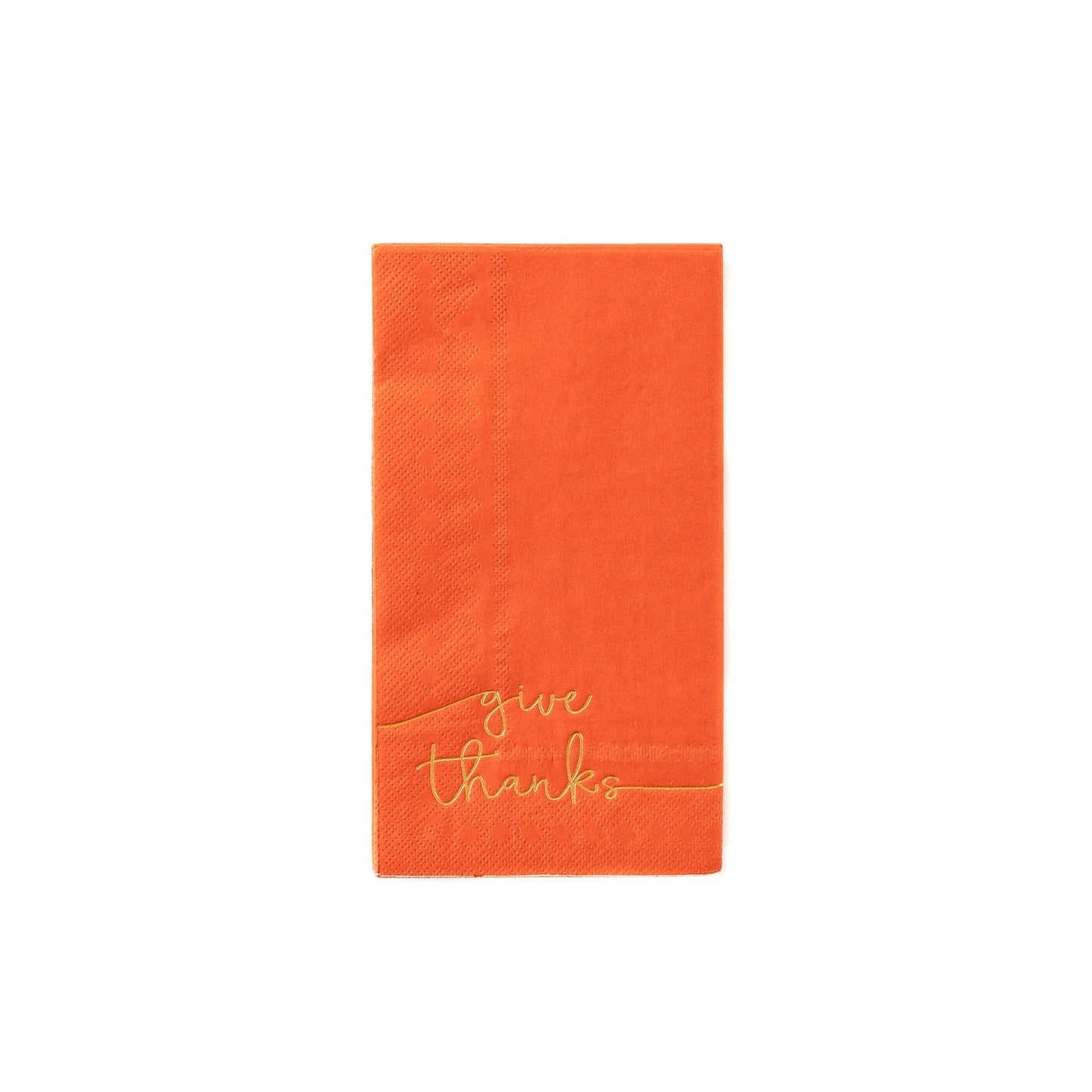 Orange “Give Thanks” guest napkin with gold script lettering, perfect for Thanksgiving table décor in Toronto.