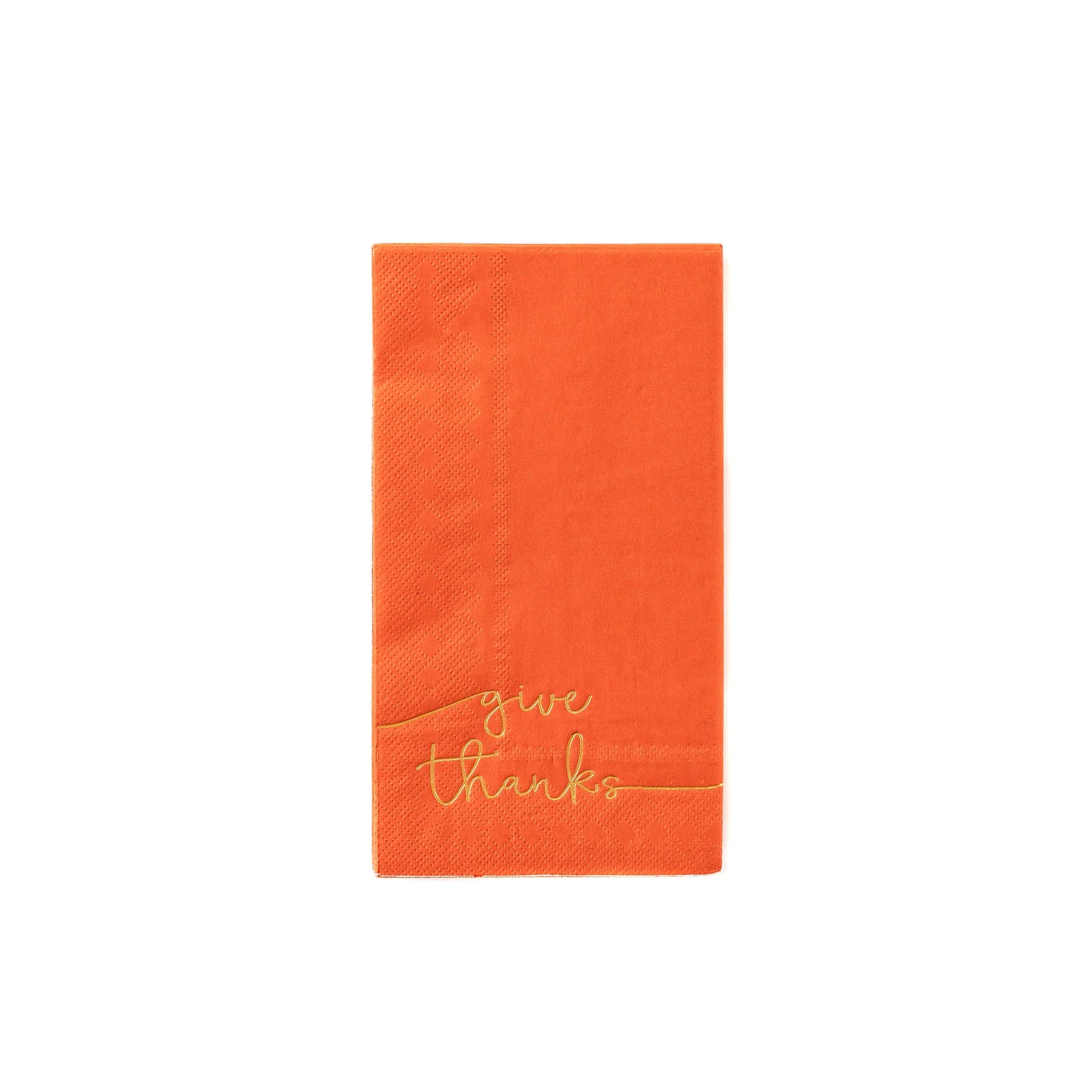 Orange “Give Thanks” guest napkin with gold script lettering, perfect for Thanksgiving table décor in Toronto.
