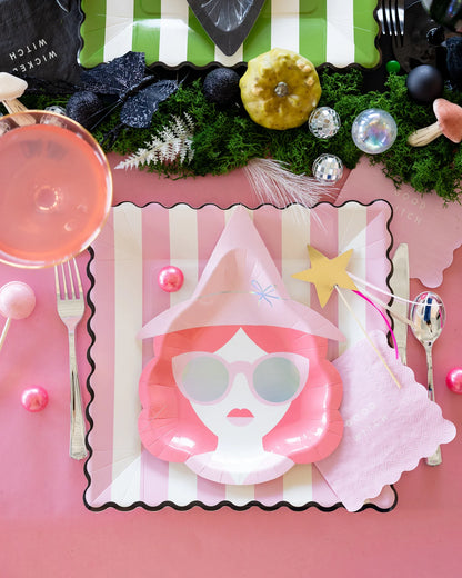 Glinda-inspired pink witch plate with matching Good Witch napkin, part of our Wicked Halloween collection. Available in Toronto with Canada-wide shipping.