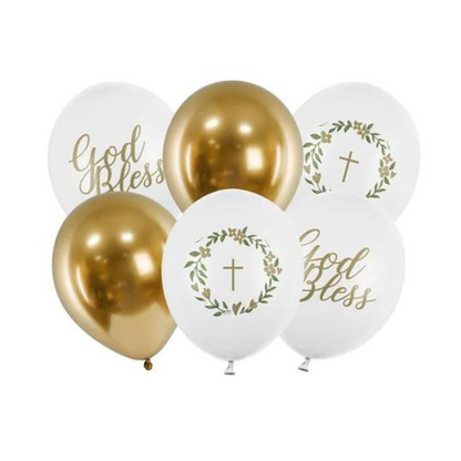 gold and white balloon mix with 'god bless' print