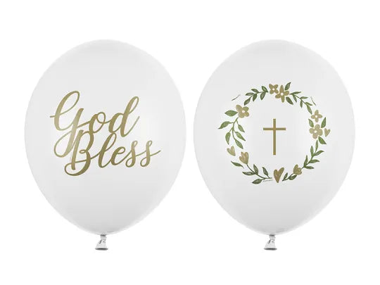 white and gold balloons for holy sacrament
