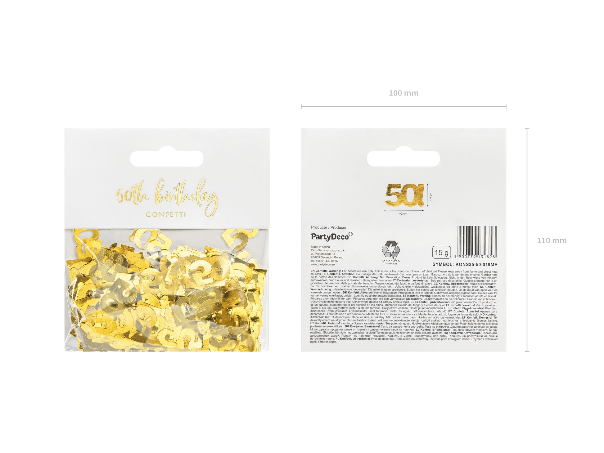Package of metallic gold number 50 confetti for milestone birthday celebrations.